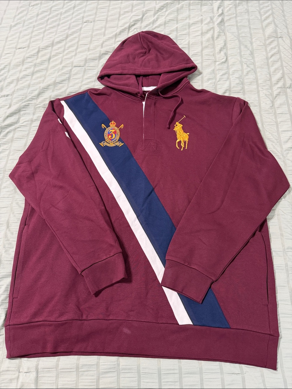 Polo by Ralph Lauren Burgundy Hooded Pullover with Navy & White Diagonal Stripe